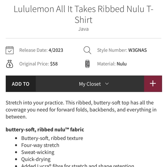 Lululemon Ribbed Short Sleeve Top in Java - Picture 2 of 7